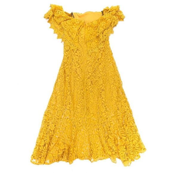 NEW Lulus Jaclyn Golden Yellow Lace Off the Shoulder Midi Dress Ruffled Small - Picture 6 of 10